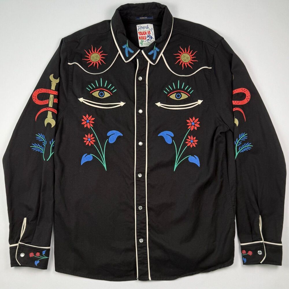 Roark On The Range Long Sleeve Western Snap Shirt Large Black Embroidered